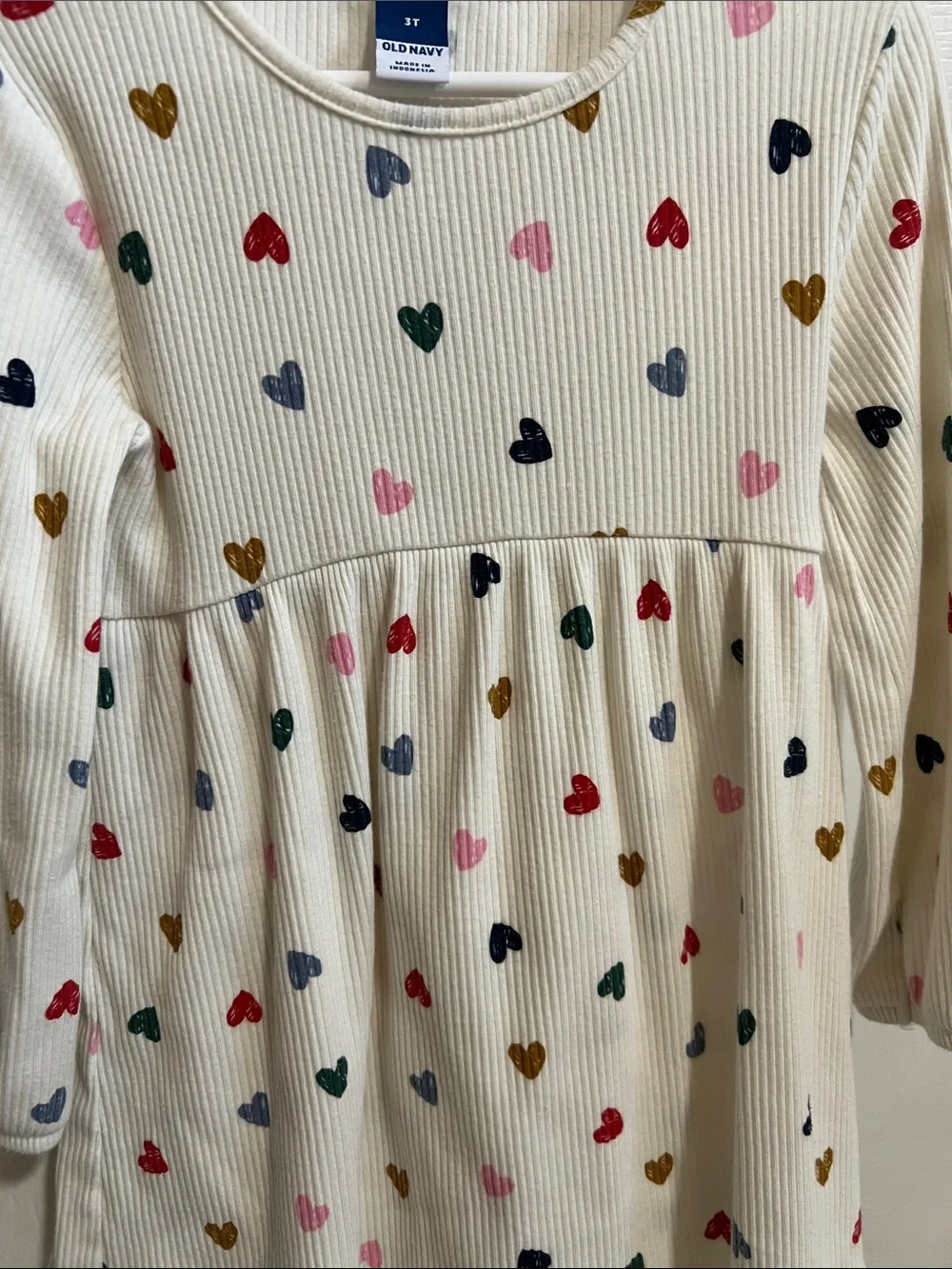 Cream Ribbed Dress with Multicolor Heart Print